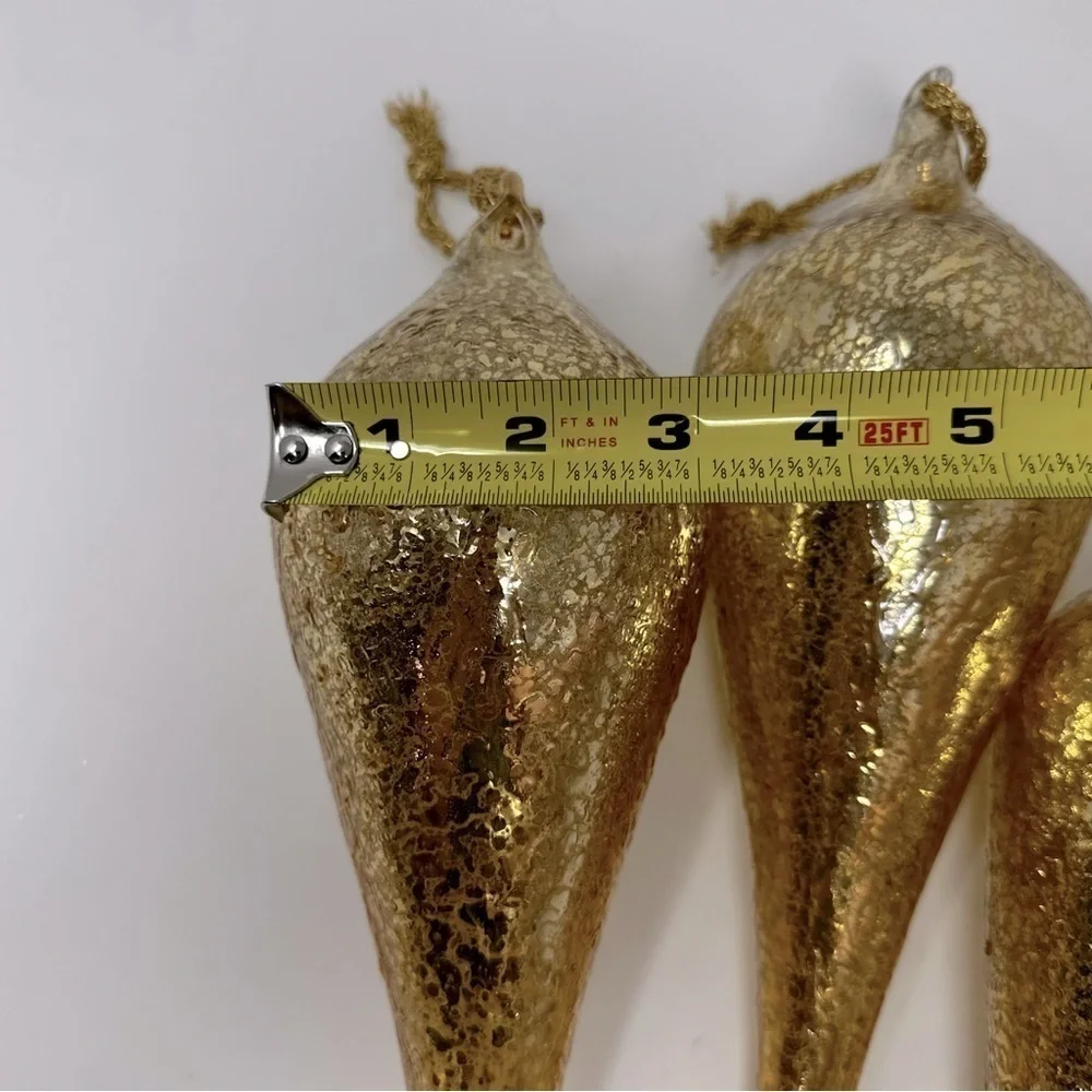 Large Gold Blown Glass Tear Drop Crackled Ornaments 11 1/2” Set Of 3
